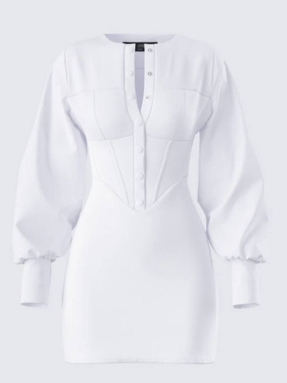 Finesse White Corset Mini Dress Long Puff Sleeve Button Front Bodycon Dress -S
